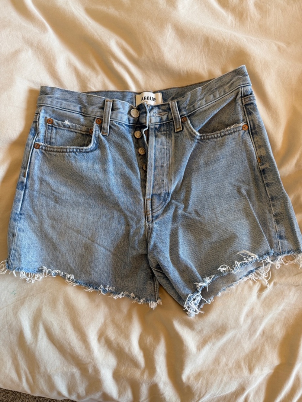 Agolde Light Blue High-Rise Frayed Hem Denim Shorts